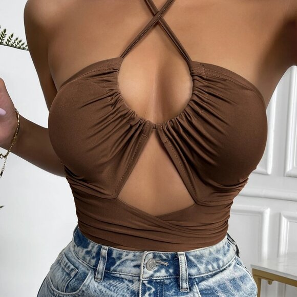 NEW Brown Multiway Wrap Front Tie Back Halter Top – Date Night & Trendy - Picture 3 of 6